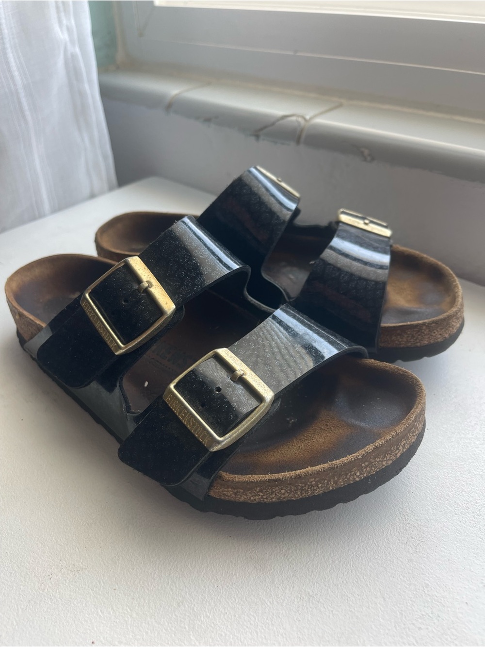 Birkenstock Black Patent Arizona Sandals with Gold Buckles